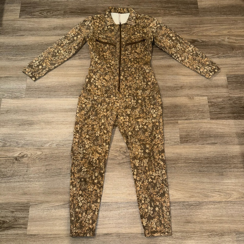 Free People Lennox Printed Jumpsuit Brown Floral Zip Utility Large OB1395473